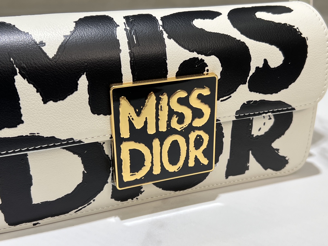 Miss Dior Flap Bag White and Black Miss Dior Graffiti Printed Calfskin